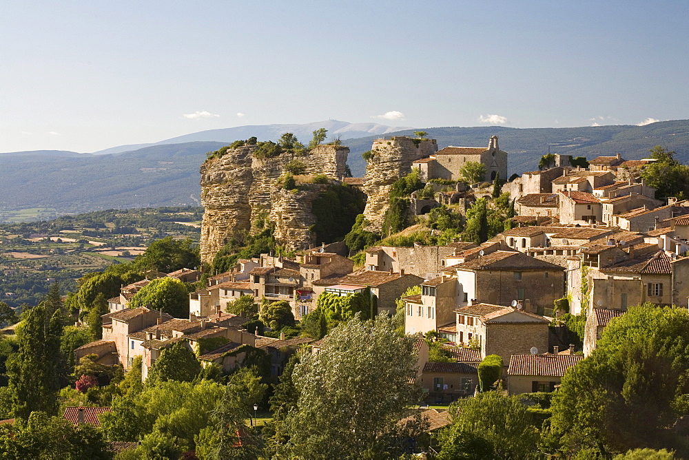 View at the village Saignon in the Luberon mountains, Mt. Ventoux at horizon, Vaucluse, Provence, France