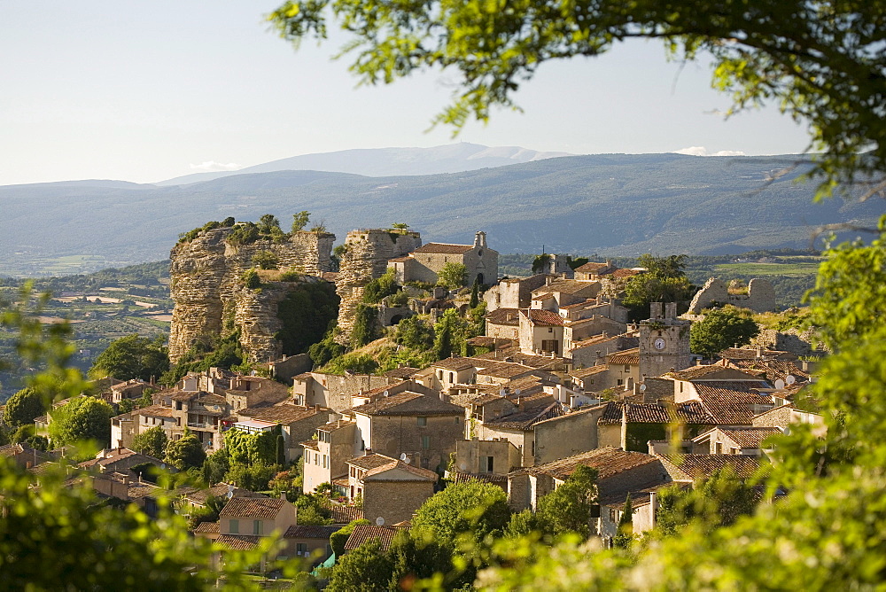 View at the village Saignon in the Luberon mountains, Mt. Ventoux at horizon, Vaucluse, Provence, France