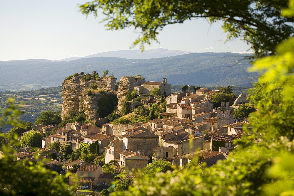 View at the village Saignon in the Luberon mountains, Mt. Ventoux at horizon, Vaucluse, Provence, France