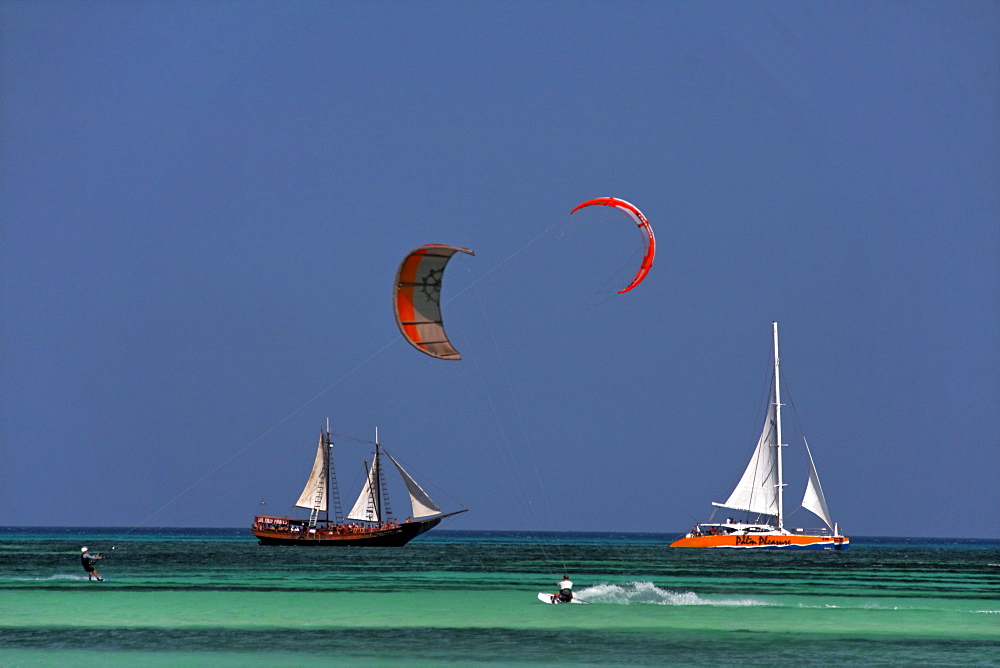 West Indies, Aruba, Kite Surfer, Thre Master sailing boat, Palm Pleasure catameran