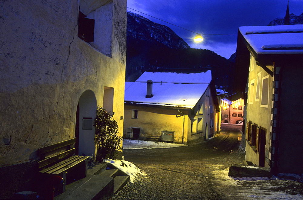 Street in the old town of Scuol, Lower Engadine, Engadine, Switzerland