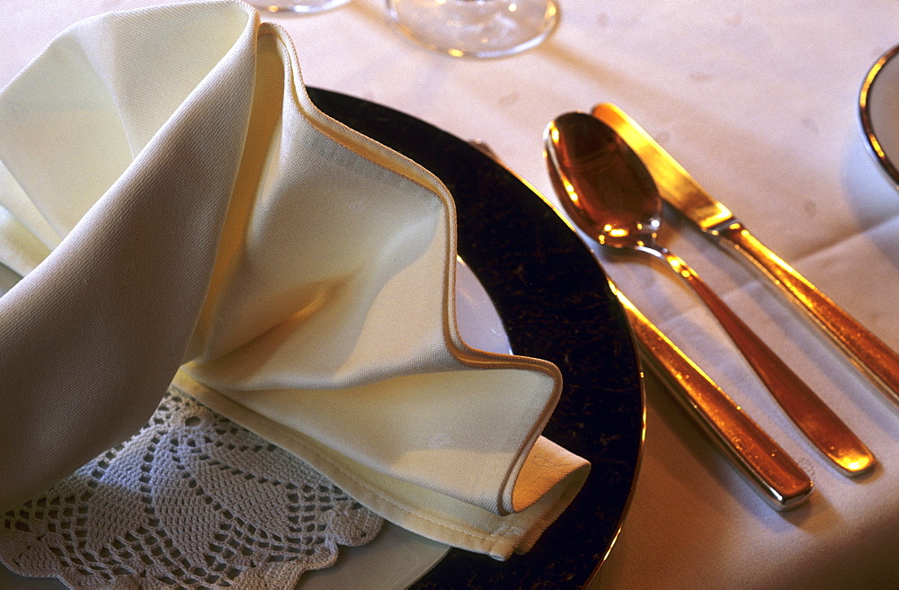 Table setting in Engadina Restaurant in Scuol, Lower Engadine, Engadine, Switzerland