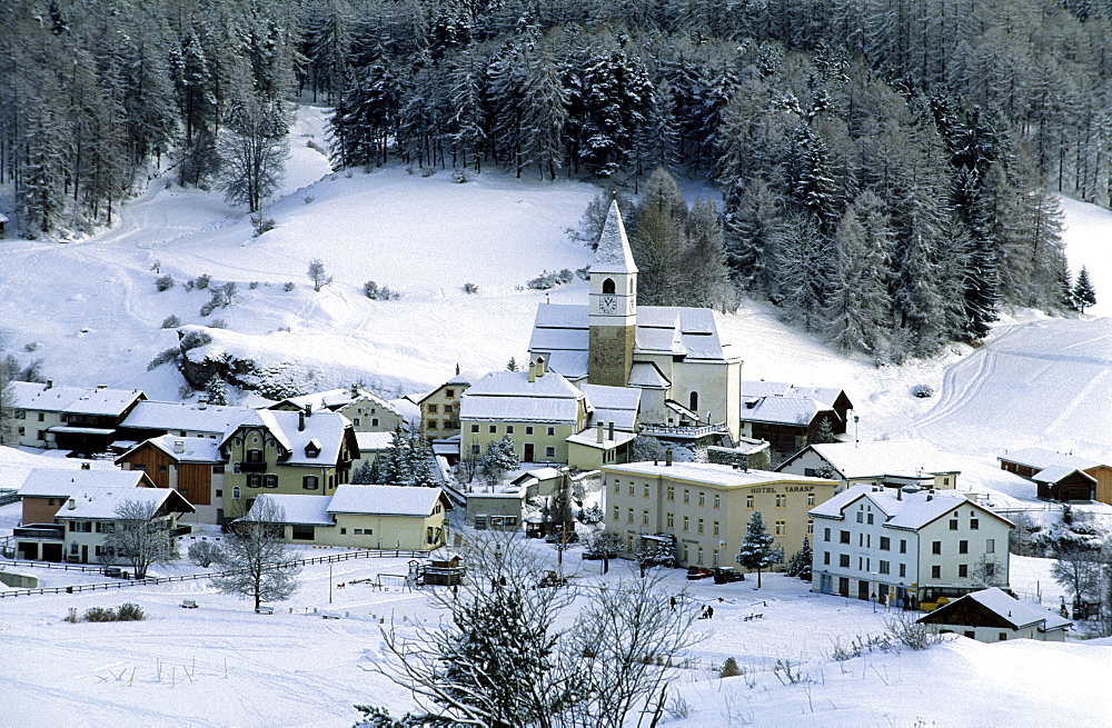 View over the snow covered village of Tarasp, Lower Engadine, Engadine, Switzerland