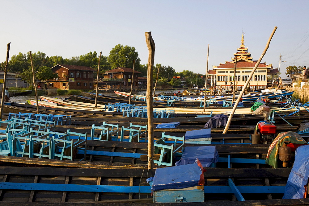 Fishing boats at Nan Chaung Canal in Nyaungshwe, Inle Lake, Shan State, Myanmar, Burma