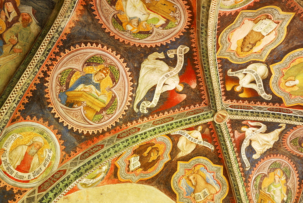 painting on ceiling of cloister at cathedral of Brixen, cross-coat, ribbed vault, Gothik, Brixen, valley of Eisack, South Tyrol, Italy