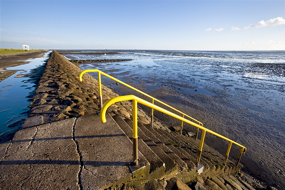 Stairs, Mudflat, Hamburger Hallig, North Frisian Islands, Schleswig-Holstein, Germany