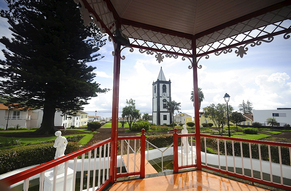 Clock tower, Torre de Relogio, and garden, Horta, Faial Island, Azores, Portugal