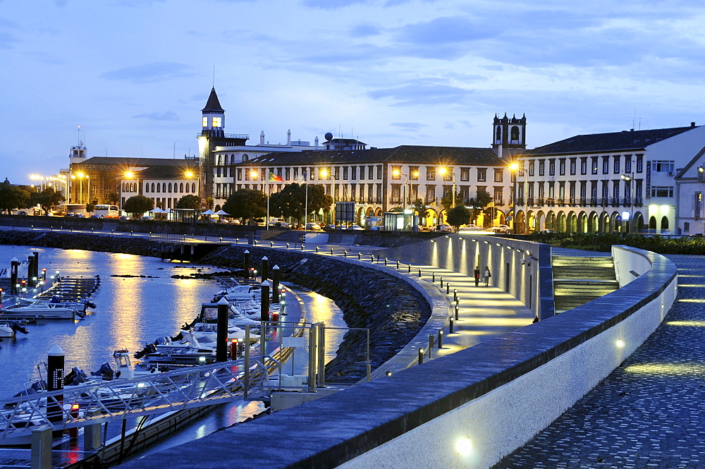 View of the harbour promenade in the evening light, Ponta Delgada, Sao Miguel, Azores, Portugal