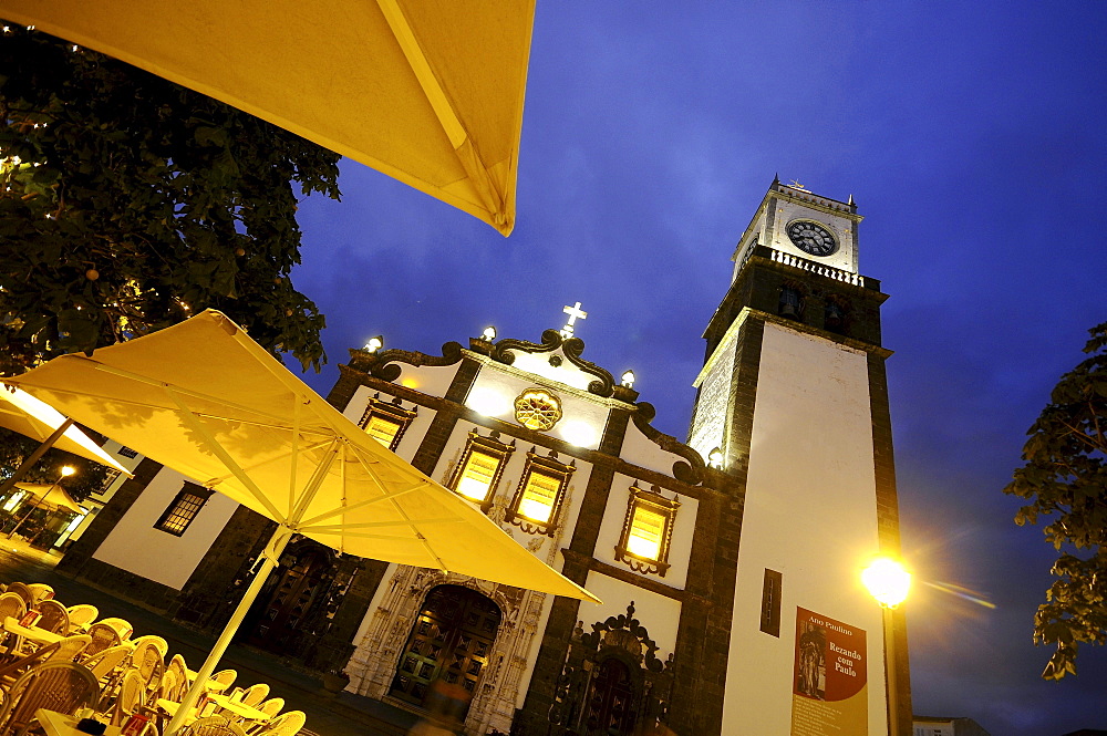 Church Matriz de Sao Sebastiao at night, Ponta Delgada, Sao Miguel, Azores, Portugal