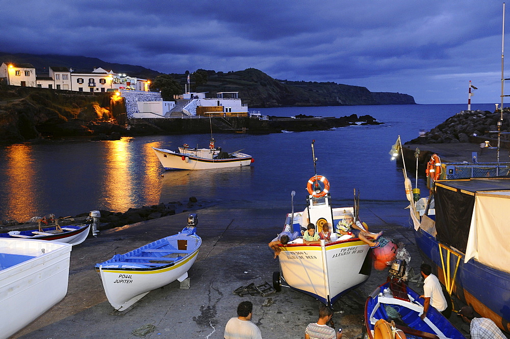 Lagoa Harbor at night, Southeast coast, Sao Miguel Island, Azores, Portugal