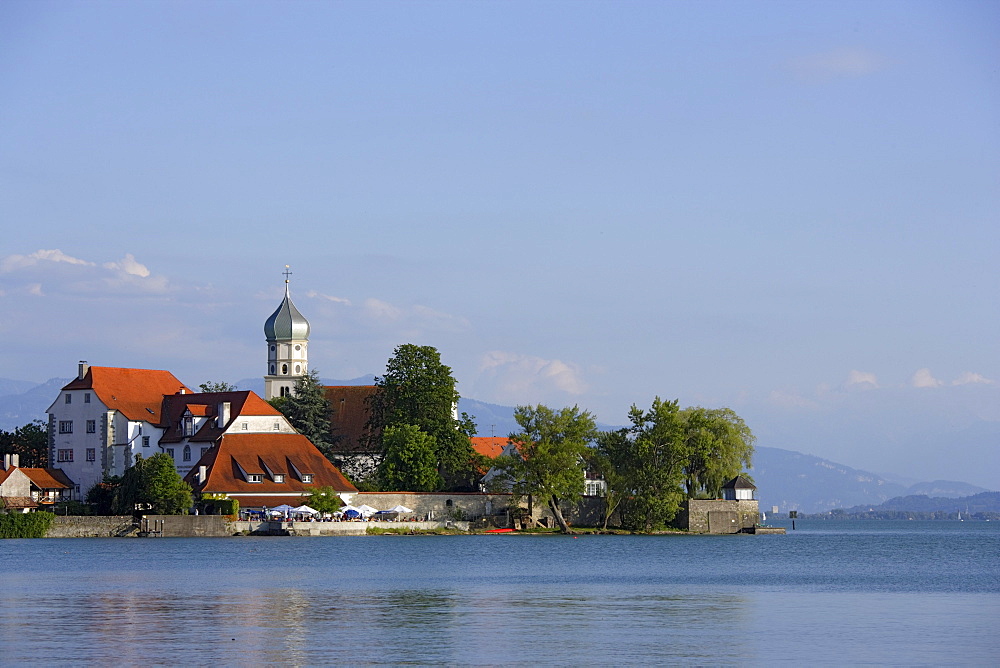 View over lake Constance to Wasserburg with St George's Church, Bavaria, Germany