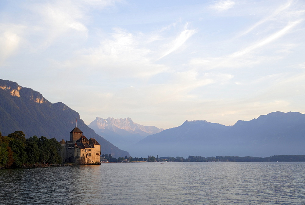 Chillon Castle at Lake Geneva, Dents Du Midi, Veytaux, Vaud, Switzerland