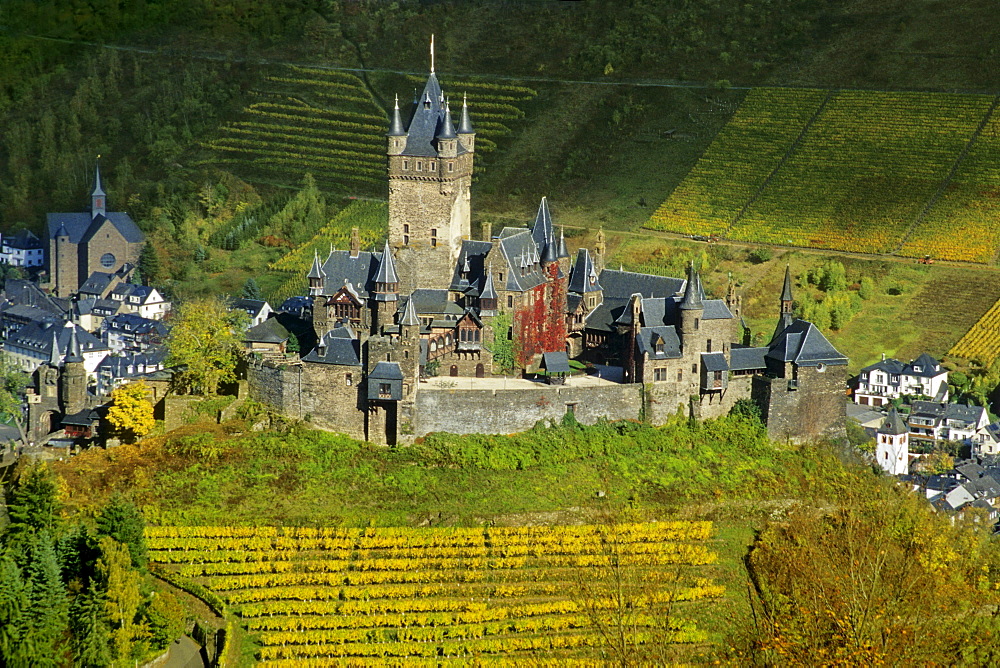 View at the Reichsburg amidst vineyards, Rhineland-Palatinate, Germany