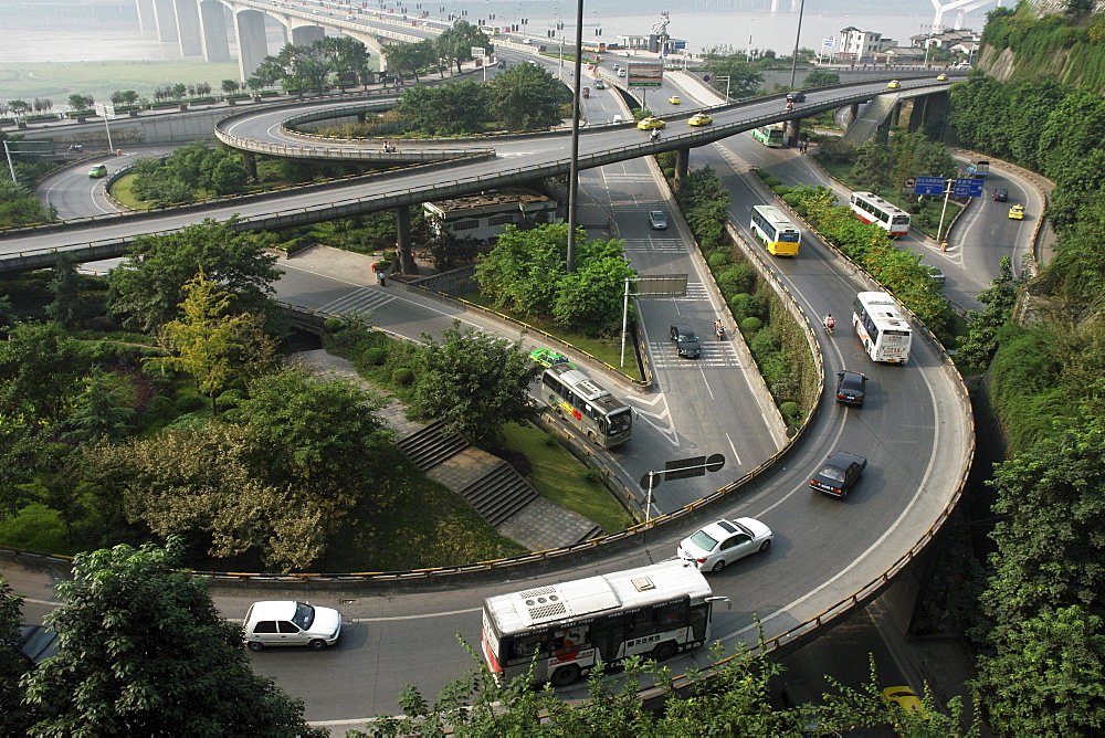 Crossroads with traffic in Chongqing, China, Asia