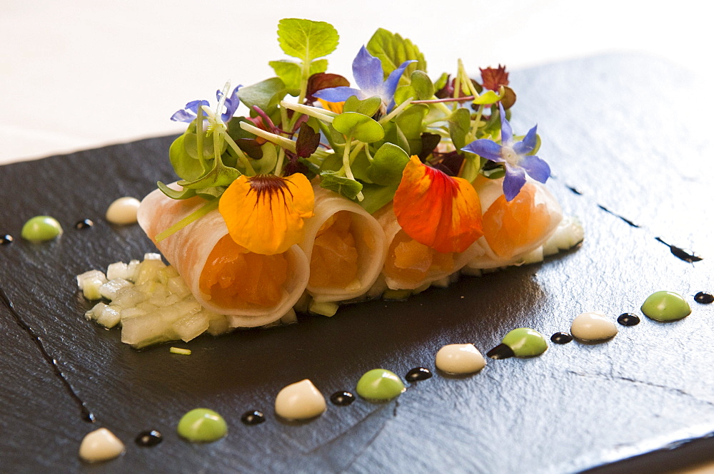 Salmon rolls with vegetables, herbs and lemon sauce, Restaurant Philipp, Sommerhausen, Franconia, Bavaria, Germany