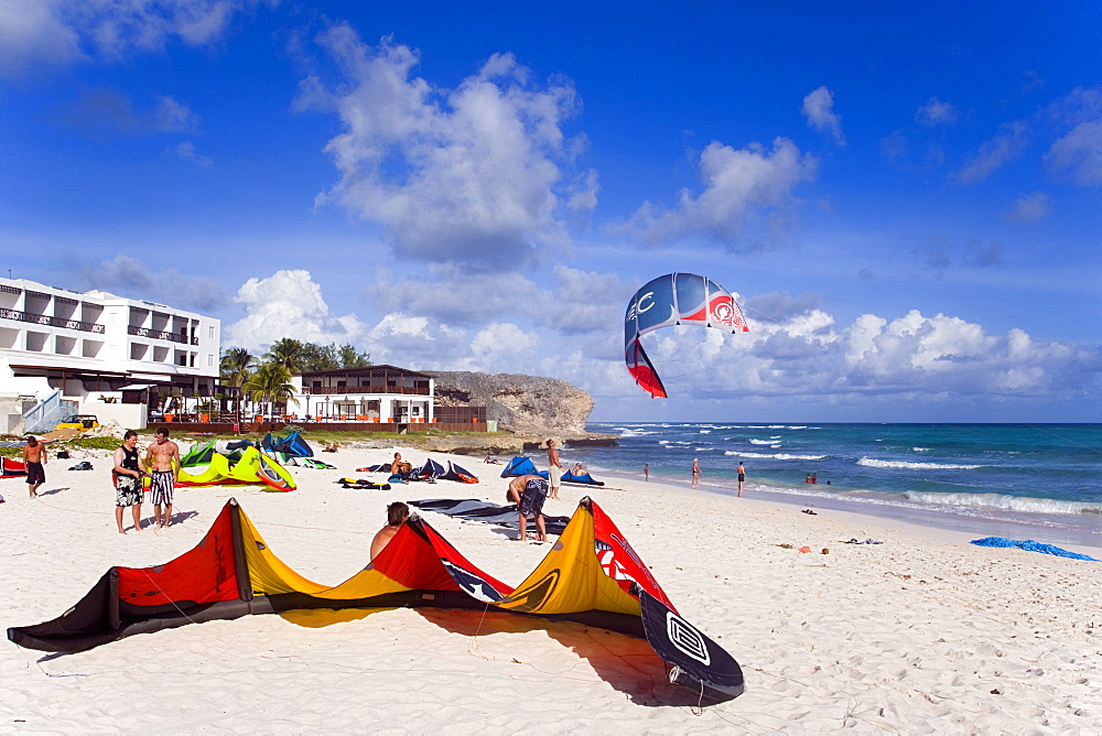 Kite surfers at beach, Barbados, Caribbean