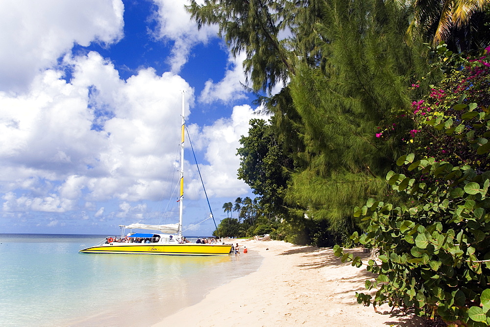 People entering a catamaran, Mullins Bay, Speightstown, Barbados, Caribbean