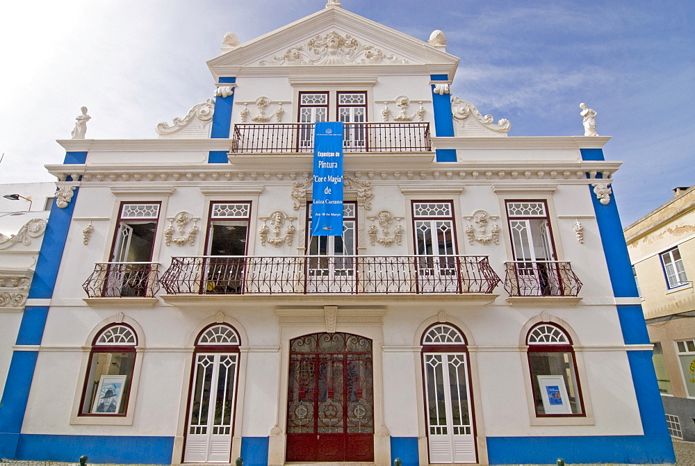 Blue and white painted house, Casa de Cultura, Historical, old fishing village of Ericeira, Portugal