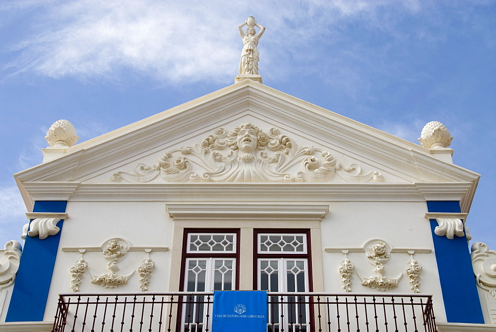 Blue and white painted house, Casa de Cultura, Historical, old fishing village of Ericeira, Portugal