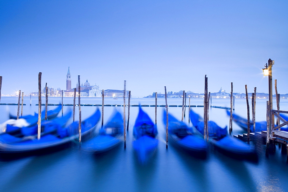 Quay at St Mark's Square with Gondolas and view towards San Giorgio Maggiore Island, Venice, Italy, Europe