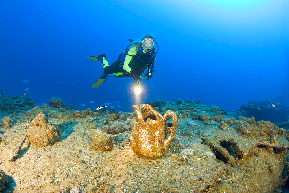 Diver and Artifacts of USS Apogon Submarine, Marshall Islands, Bikini Atoll, Micronesia, Pacific Ocean