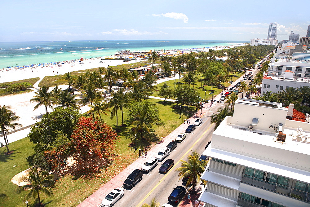 View at the Lummus Park and the beach, Ocean Drive, South Beach, Miami Beach, Florida, USA