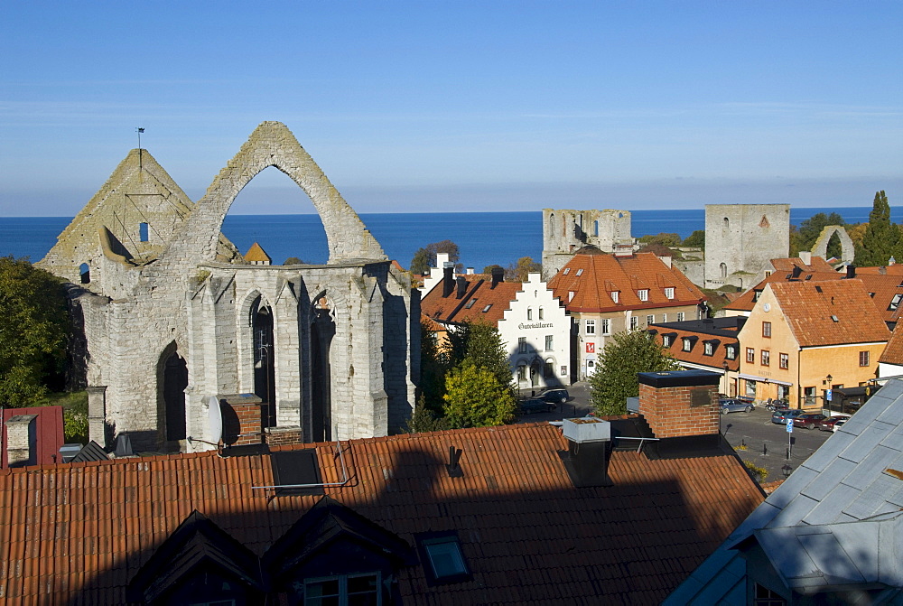 View of Visby with the ruins of St Catherines Church, Gotland, Sweden, Scandinavia, Europe