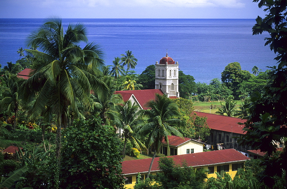 The buildings of the catholic mission under palm trees, Waikiri, Island of Taveuni, Fiji, South Seas, Oceania