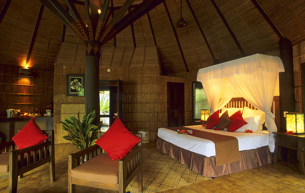 Interior view of a bure of the Matangi Island Resort on Matangi Island, Fiji, South Seas, Oceania