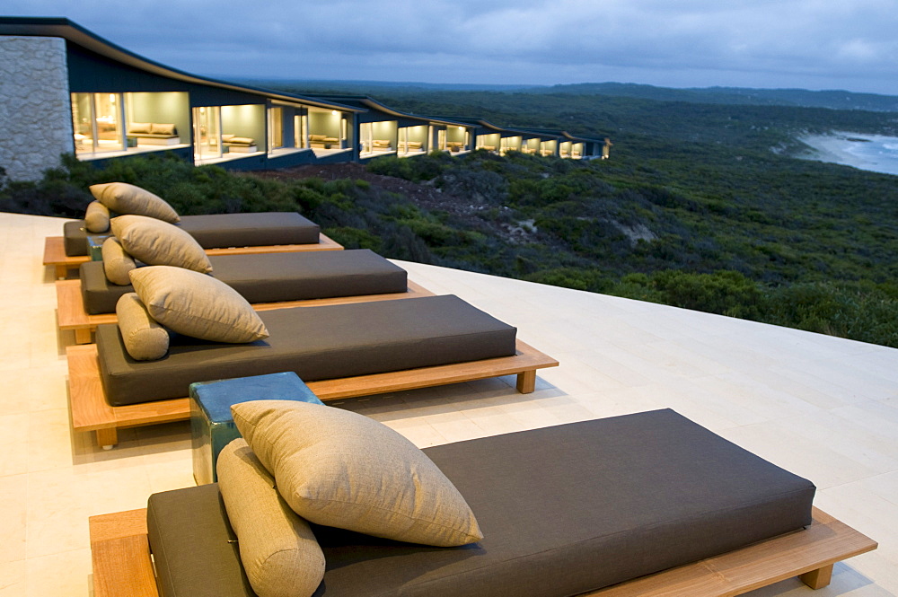 Sunloungers with view at Hanson Bay in front of the rooms of Southern Ocean Lodge, Kangaroo Island, South Australia, Australia