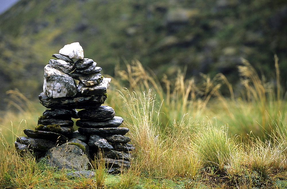 Cairn on the Rees Dart Track at upper Dart Valley, Mt. Aspiring National Park, South Island, New Zealand, Oceania