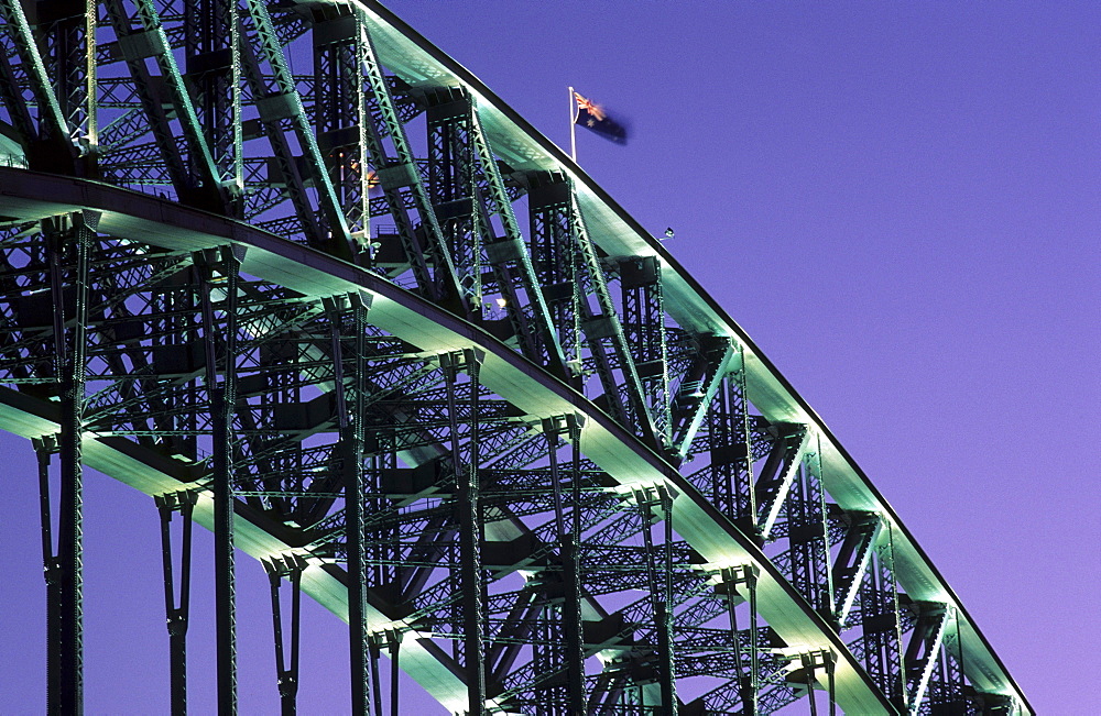 Detail of the illuminated Harbour Bridge in the evening, Sydney, New South Wales, Australia