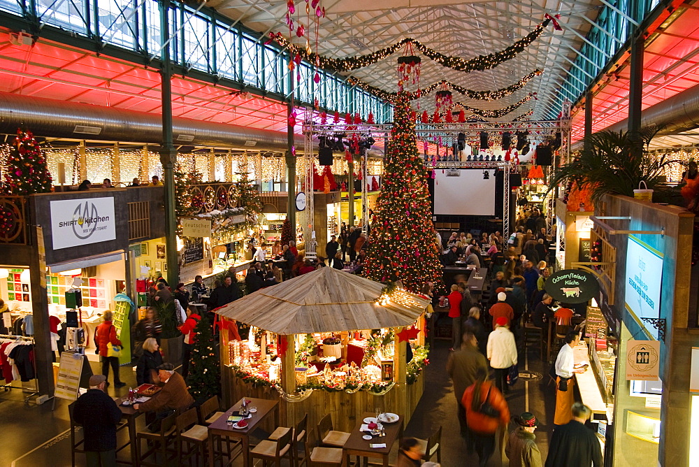 Market Hall Schrannenhalle with christmas decoration, Munich, Upper Bavaria, Germany