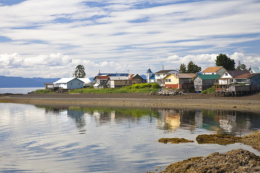 Houses on an island under cloudy sky, Kake, Inside Passage, Southeast Alaska, USA