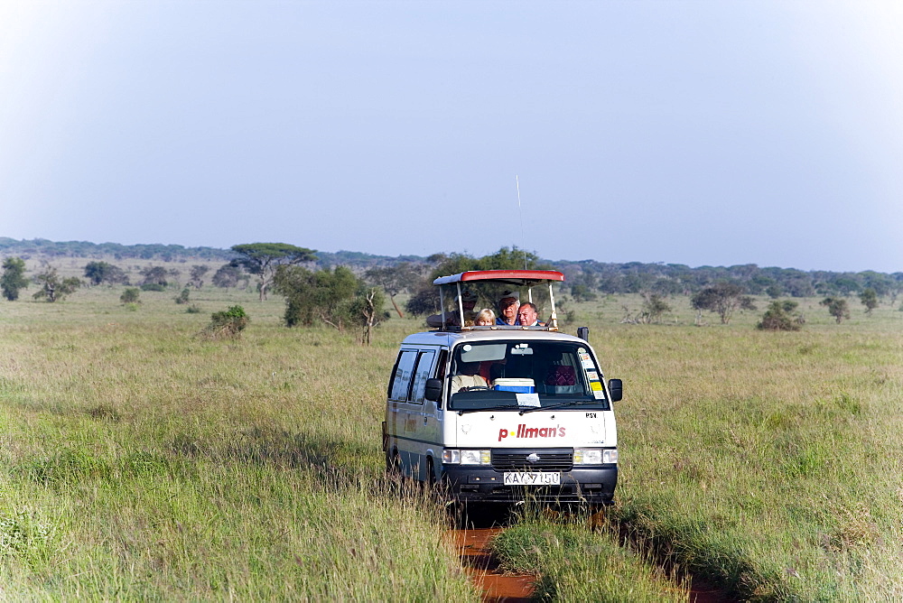 Safari bus on the way in Taita Hills Game Reserve, Coast, Kenya