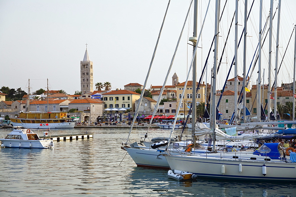 View at sailing boats and Rab harbour in the evening, Rab Island, Croatia, Europe