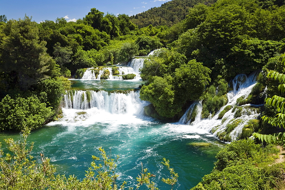 The Krka waterfalls in the sunlight, Krka National Park, Dalmatia, Croatia, Europe