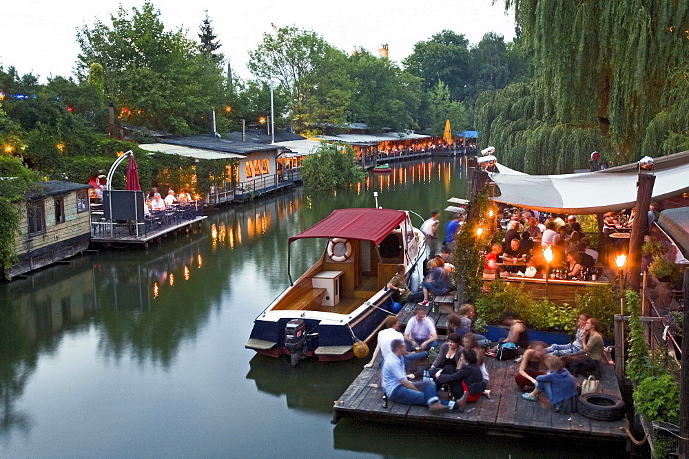 Club der Visionaere, restaurants, cafâˆšÃ‰Â¬Â©s, bars at Flutgraben in the evening, canal, Treptow, Berlin, Germany