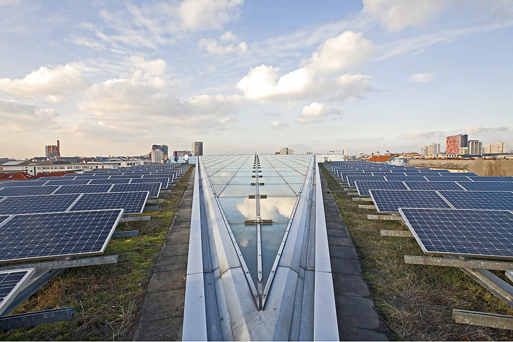 solar panels on the grass roof of the Willy-Brandt Haus headquarters of the SPD Social Democratic party Berlin, Germany