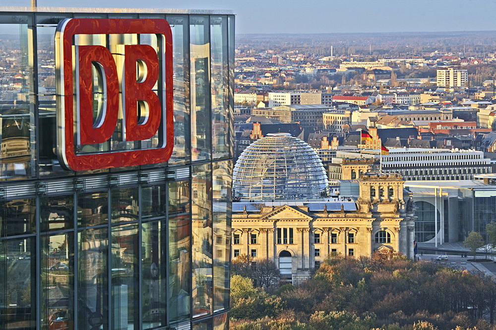 View at DB Tower, Sony Center and Reichstag, Berlin, Germany, Europe