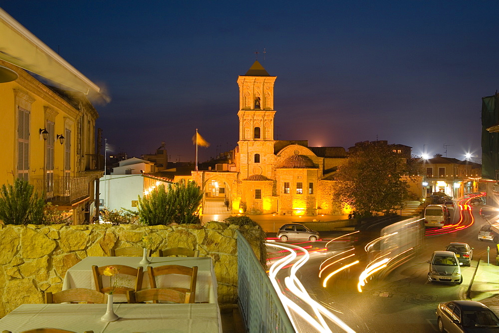 Agios Lazaros church at night taken from Taratsa Taverna rooftop restaurant, Larnaka, South Cyprus, Cyprus