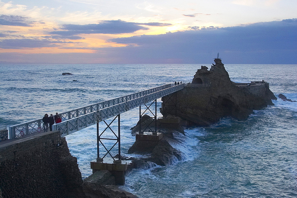 Rocher de la Vierge in the evening light, The Way of Saint James, Road to Santiago, Chemins de Saint-Jacques, Voie du littoral, Coastal Way, Cote d'Argent, Biarritz, Dept. PyrâˆšÃ‰Â¬Â©neâˆšÃ‰Â¬Â©s-Atlantiques, RâˆšÃ‰Â¬Â©gion Aquitaine, France, Europe