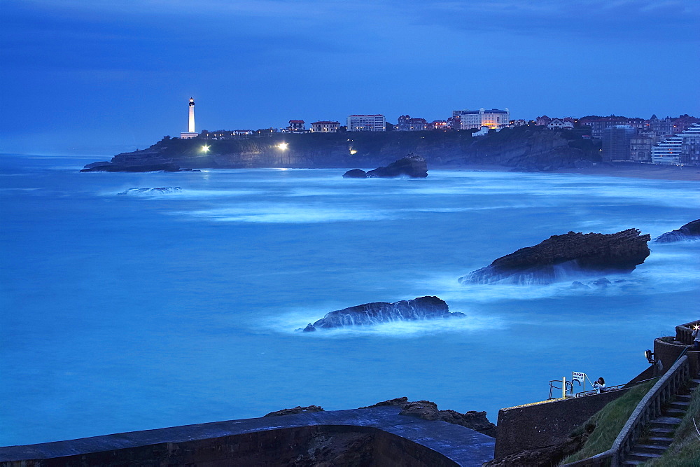 View from Plateau de Latalaye towards the lighthouse, Atlantic Ocean, Evening, The Way of Saint James, Roads to Santiago, Voie du littoral, Biarritz, Dept. PyrâˆšÃ‰Â¬Â©nâˆšÃ‰Â¬Â©es-Atlantiques, RâˆšÃ‰Â¬Â©gion Aquitaine, France, Europe