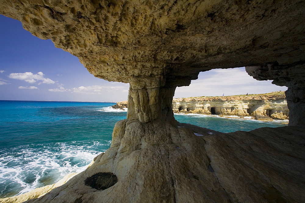 Sea caves along the rocky coast near Agia Napa, South Cyprus, Cyprus