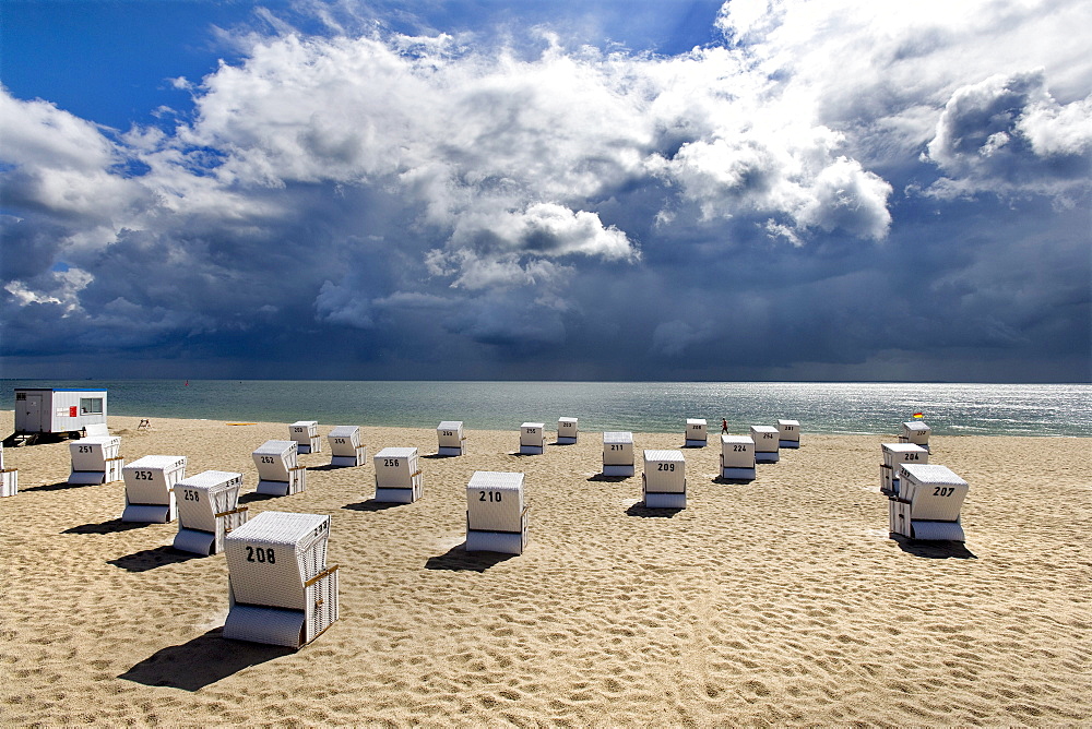 Beach chairs on beach of Hornum, Sylt Island, Schleswig-Holstein, Germany