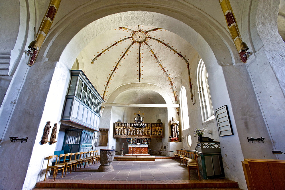 View to altar, St. John's Church, Nieblum, Foehr island, North Frisian Islands, Schleswig-Holstein, Germany