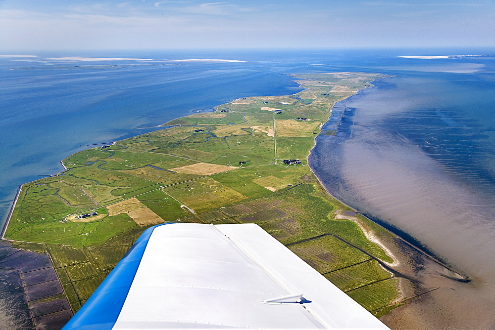 Aerial shot of Langeness hallig, North Frisian Islands, Schleswig-Holstein, Germany