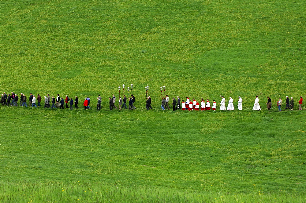 People processing over a meadow, Kastelruth, Valle Isarco, South Tyrol, Italy, Europe