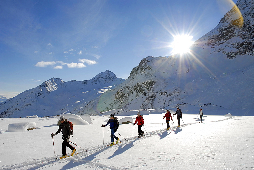 Cross-country skiers in a winter landscape under blue sky, Pflerscher valley, South Tyrol, Italy, Europe