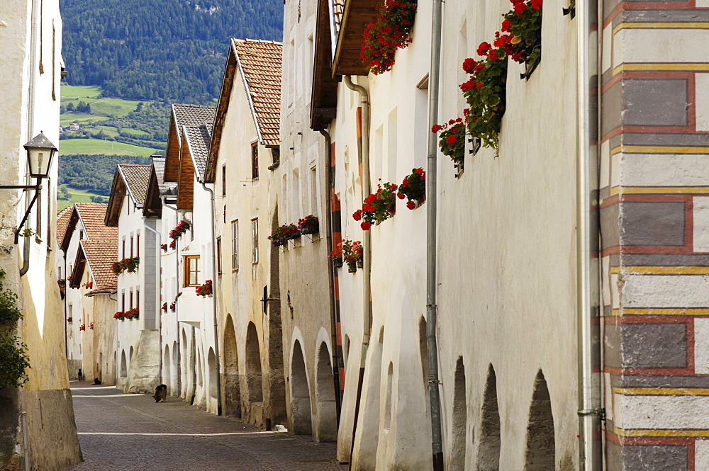 An alley and houses at the Old Town, Glurns, Val Venosta, South Tyrol, Italy, Europe